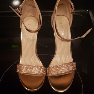 Rose gold rhinestone block heels